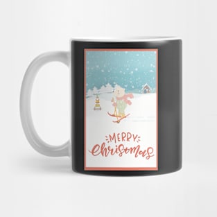 Skiing teddybear in the snow. Happy Santa sitting on the Christmas gifts.Merry Christmas. Mug